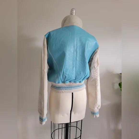 BNWT leather "Montreal" cropped bomber jacket in blue and cream vintage style - Picture 5 of 14